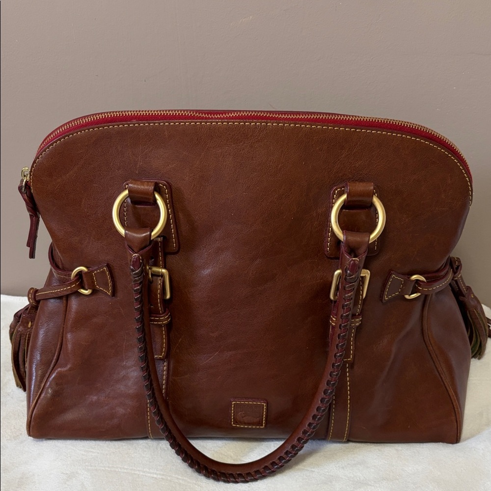 Dooney and Bourke Brown Leather Satchel Handbag with Gold Hardware